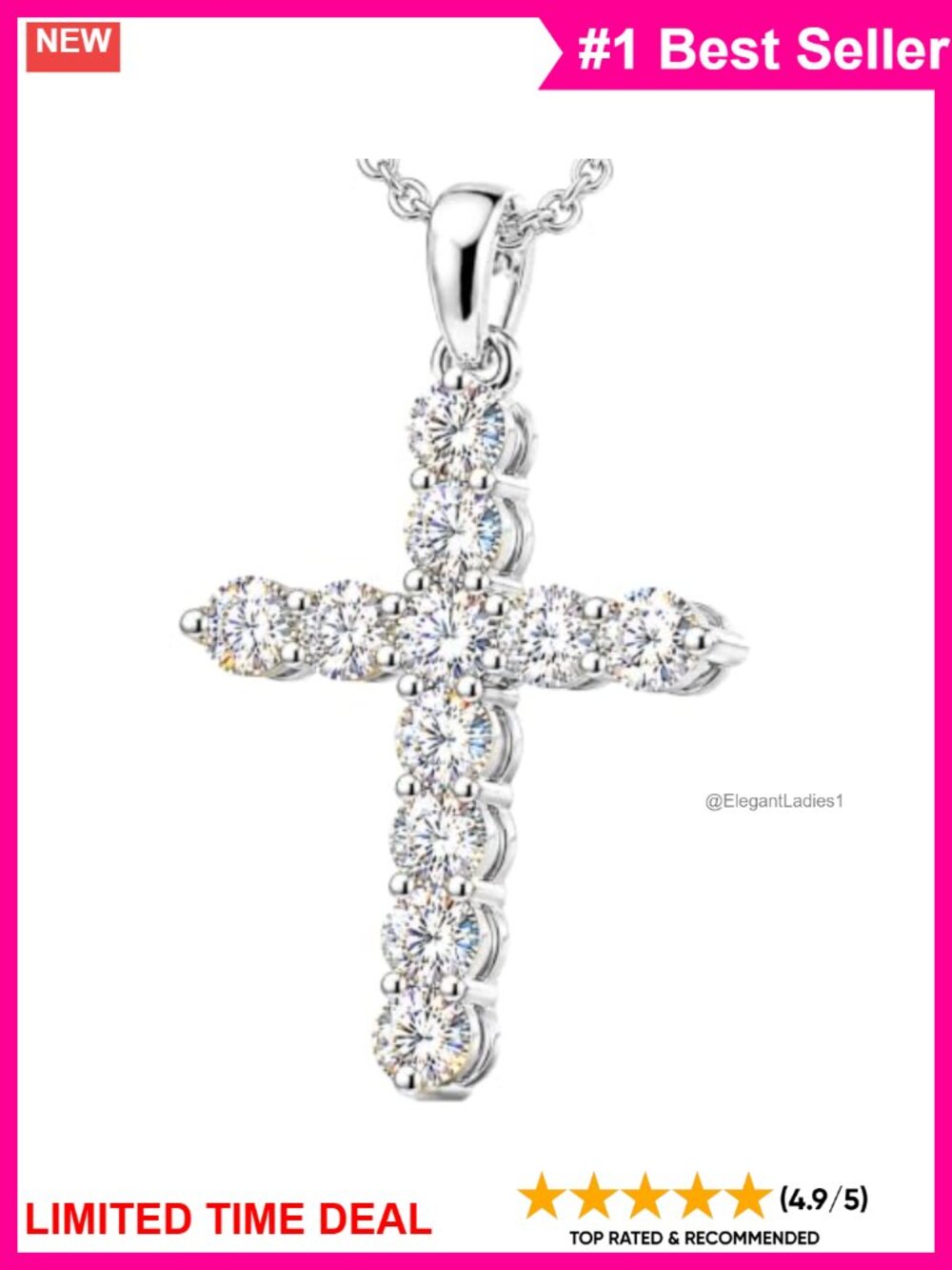 0.5 Carat Lab Grown Diamond Cross Necklace 925 Sterling Silver Pendant